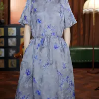 中国风新中式宽松腰圆领连衣裙提花碎花印花旗袍裙