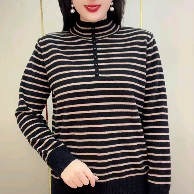 时尚妈妈拼接立领加厚针织衫2025冬季新款高级气质潮流条纹毛衣衫