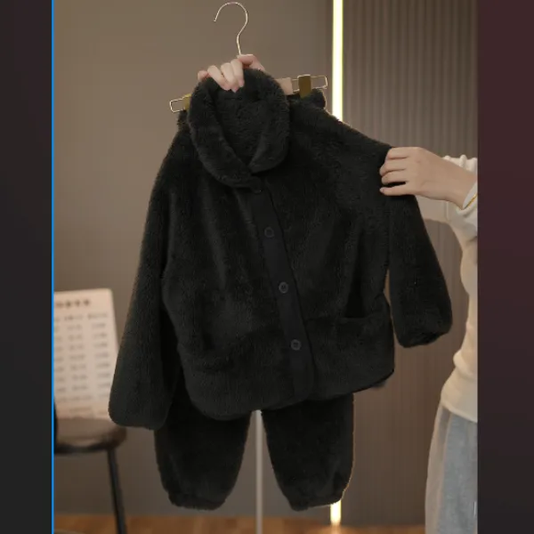 【加厚款】儿童冬季加绒加厚套装男女童冬季开衫翻领保暖外出家居服