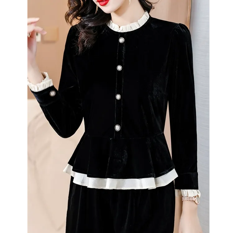 法式秋冬新款金丝绒长袖衬衫女漂亮别致裙摆小衫收腰洋气短上衣