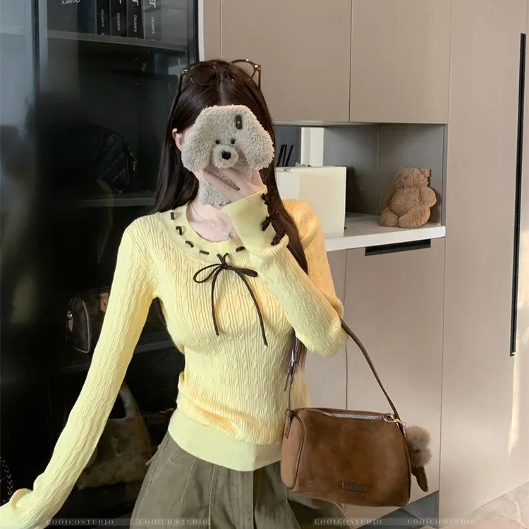 纯欲风秋冬新款内搭打底衫女蝴蝶结绞花修身针织衫收腰长袖上衣女