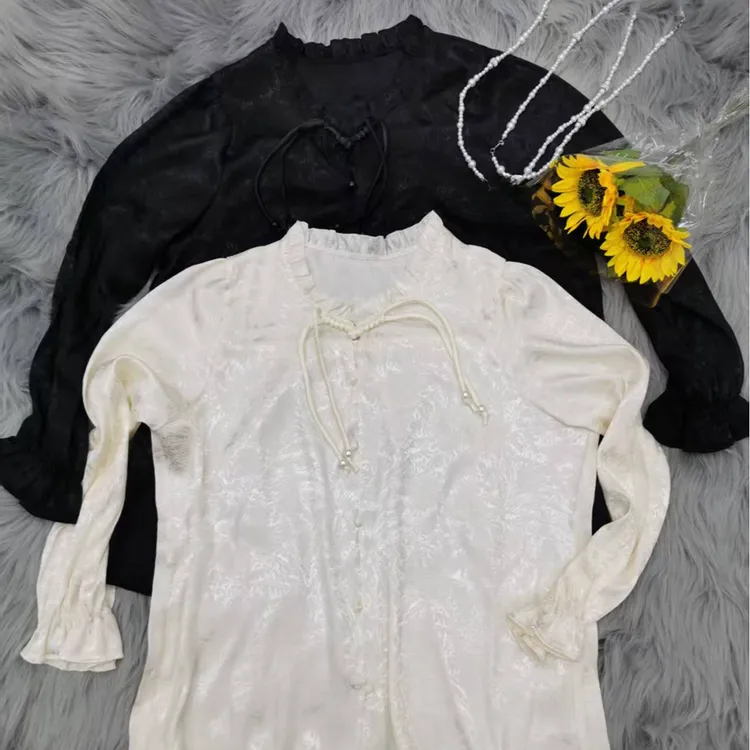 27301新中式国风上衣春季新款木耳边盘扣长袖T恤设计感气质小衫