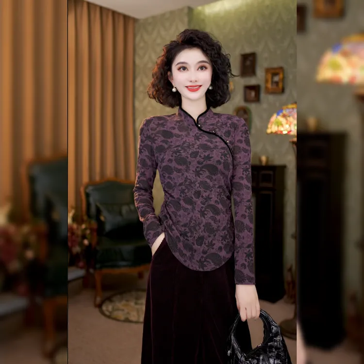 复古中式时尚立领腰果花印花显瘦百搭长袖衬衫潮打底衫LY-G8693