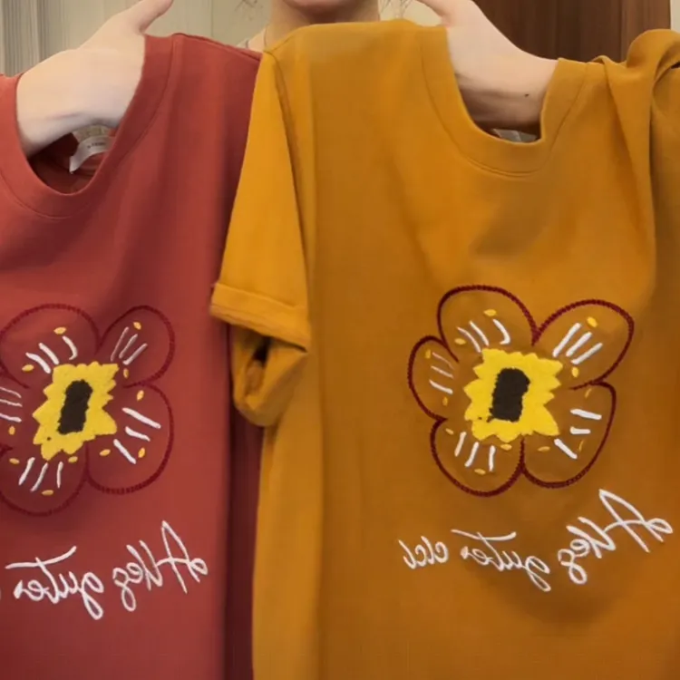 韩系小个子正肩t恤宽松刺绣短袖2025新款夏季时尚圆领百搭上衣潮