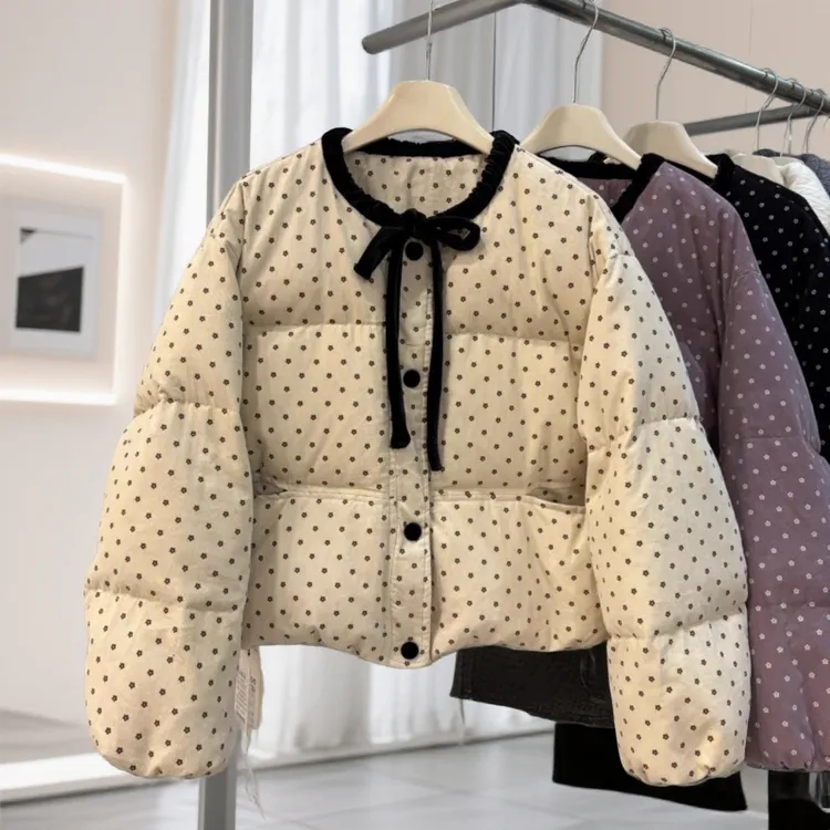 韩版小香风蝴蝶结碎花短款棉服女2025冬新款甜美小个子加厚外套冬
