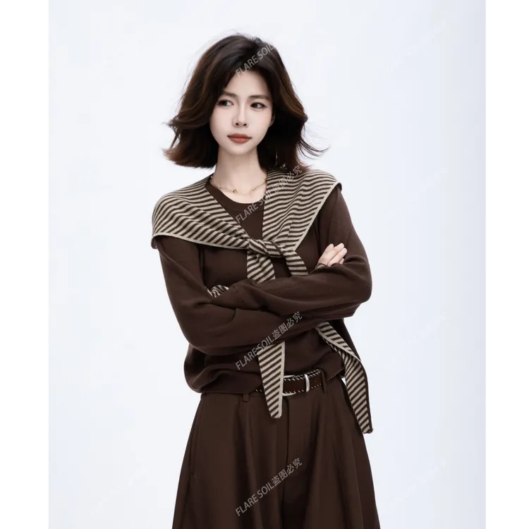 【FLARE SOIL】（现货）条纹披肩上衣秋冬针织套头毛衣针织衫 T4692A