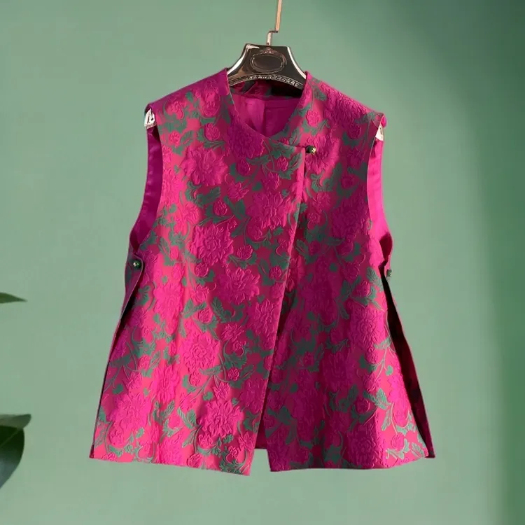 秋款新中式立体撞色浮雕花朵提花双层马甲