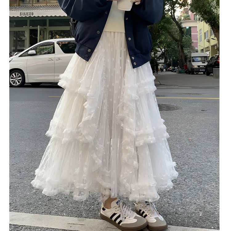 高级感不规则蕾丝拼接半身裙女温柔高腰遮肉显瘦百搭a字蛋糕裙