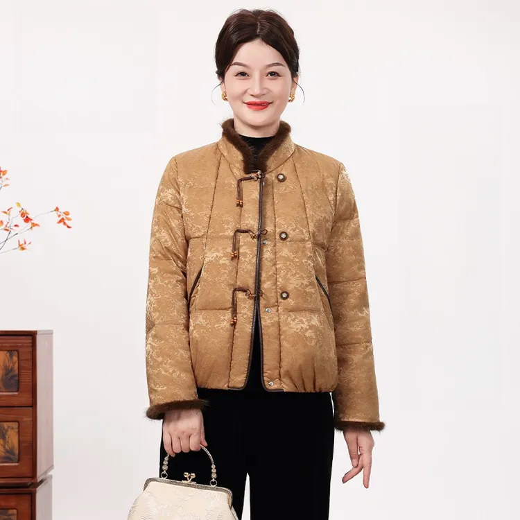 中老年妈妈冬季短款羽绒棉服棉衣时尚立领水貂毛国风冬装棉袄