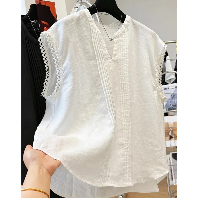 高级感褶皱V领无袖小衫女夏季独特天丝亚麻上衣宽松外穿马甲背心