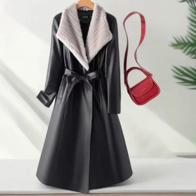 冬季新款海宁女士中长款韩版修身时尚过年加绒加厚皮衣外套8355