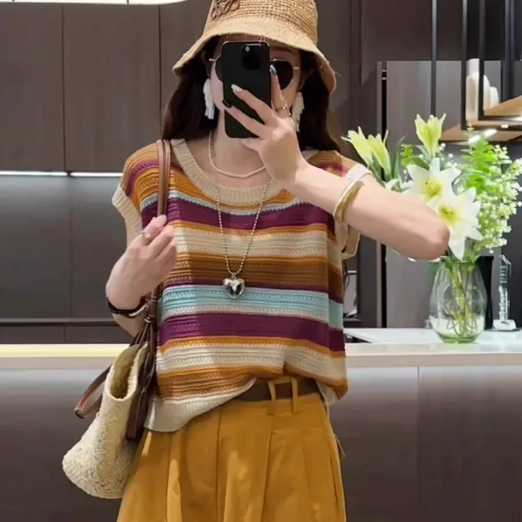 针织背心女夏季2025新款欧货爆款彩虹条纹法式小衫高级感无袖上衣