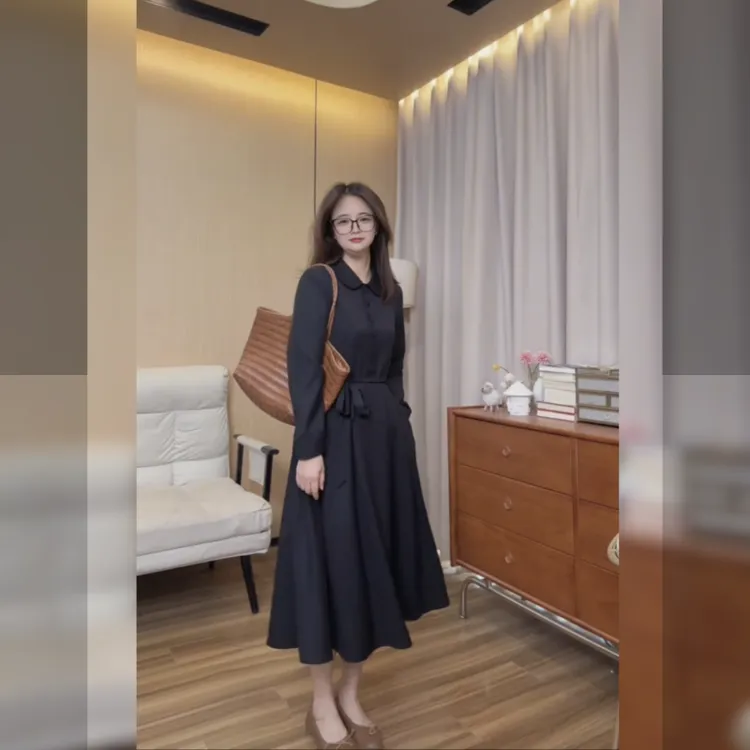 小个子法式黑色连衣裙长袖收腰显瘦小黑裙0110