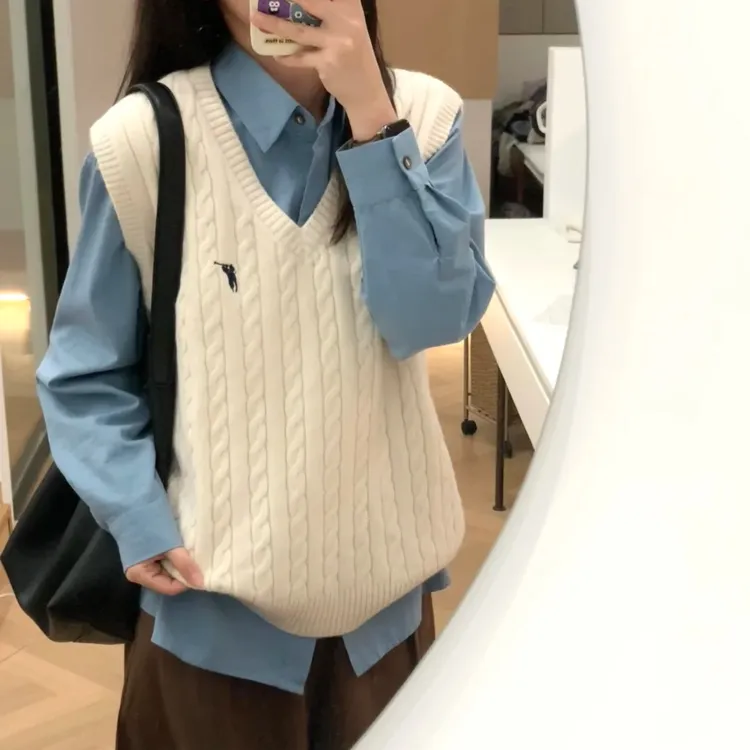 韩版时尚通勤松弛感蓝色衬衫叠穿刺绣马甲背心两件套装女ins