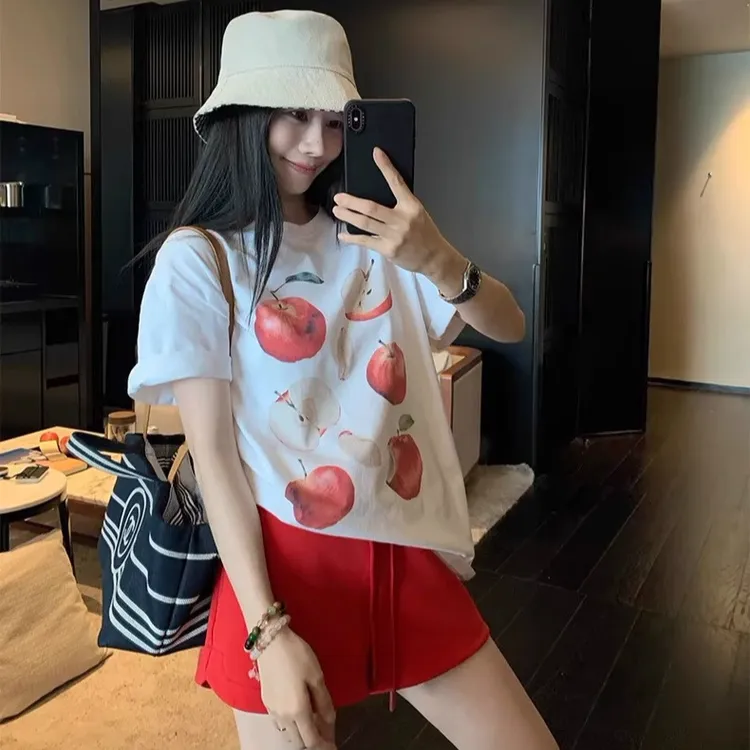 韩系苹果印花圆领正肩短袖T恤女夏季新款网红洋气炸街小众ins上衣