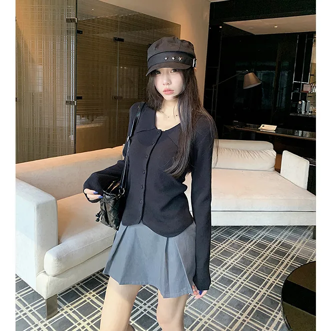 Moses Queen/魔西女王法式翻领收腰针织衫洋气纯色显瘦毛衣开衫女