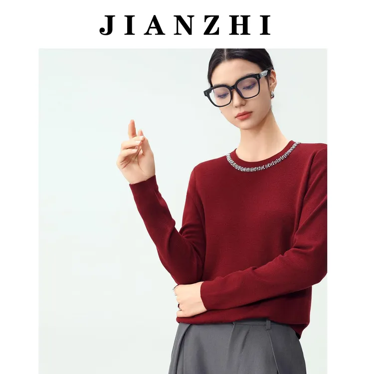 （L）简织精致羊毛打底衫女内搭圆领手工针织衫毛衣