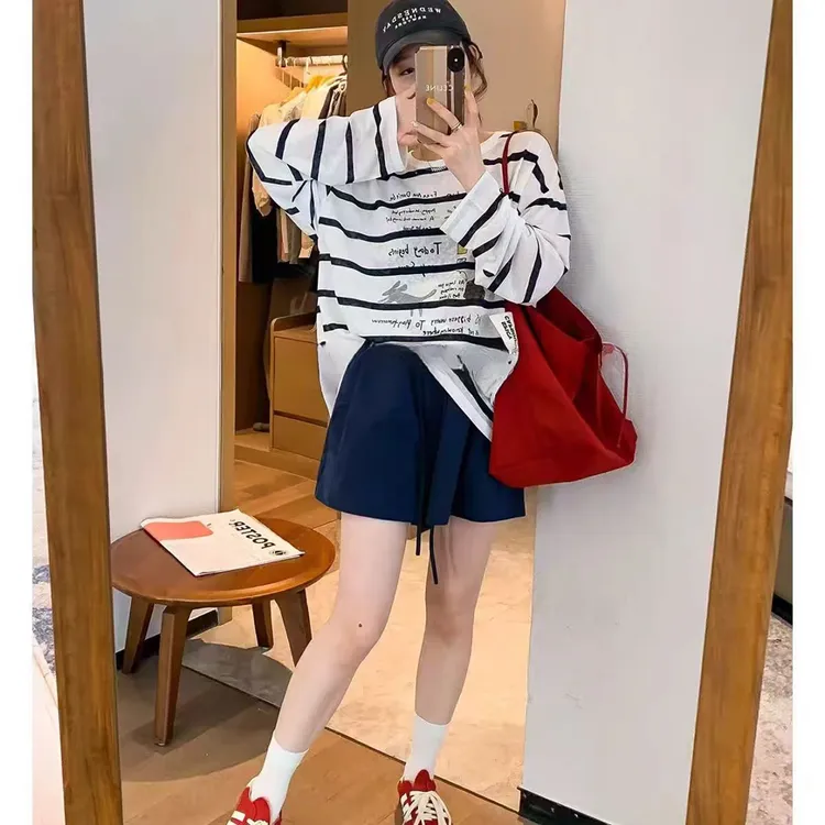 韩系防晒条纹卡通字母印花长袖T恤2025夏季新款宽松休闲上衣