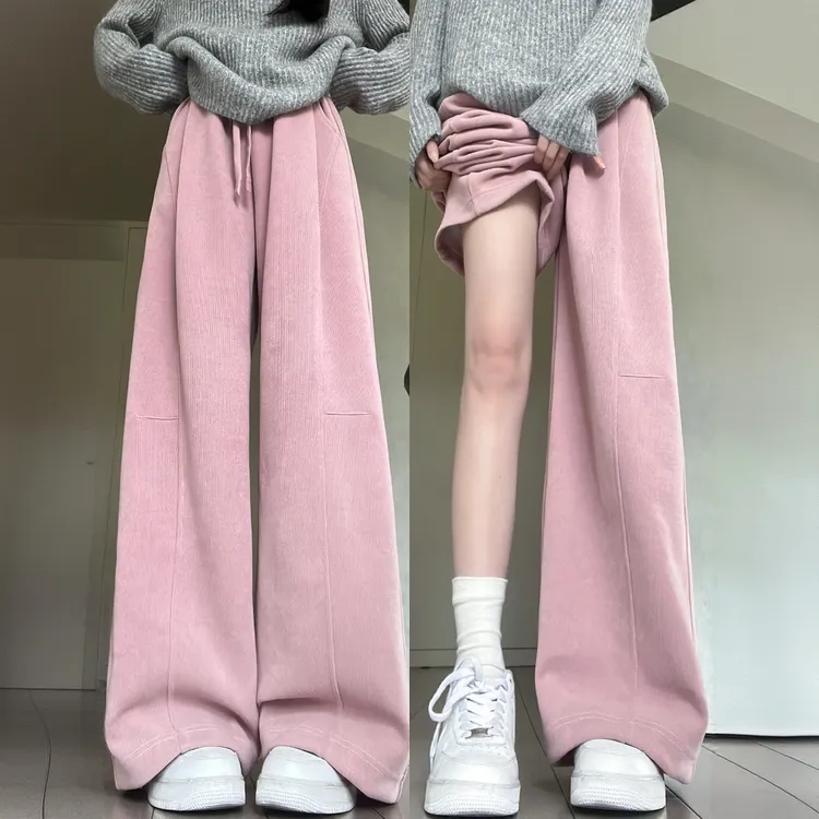 粉色灯芯绒阔腿裤女秋冬新款高腰显瘦休闲运动小个子韩系加绒卫裤