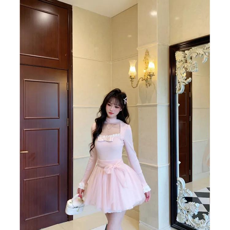 大码女装甜美粉色针织拼网纱裙绑带蝴蝶结公主连衣裙14010