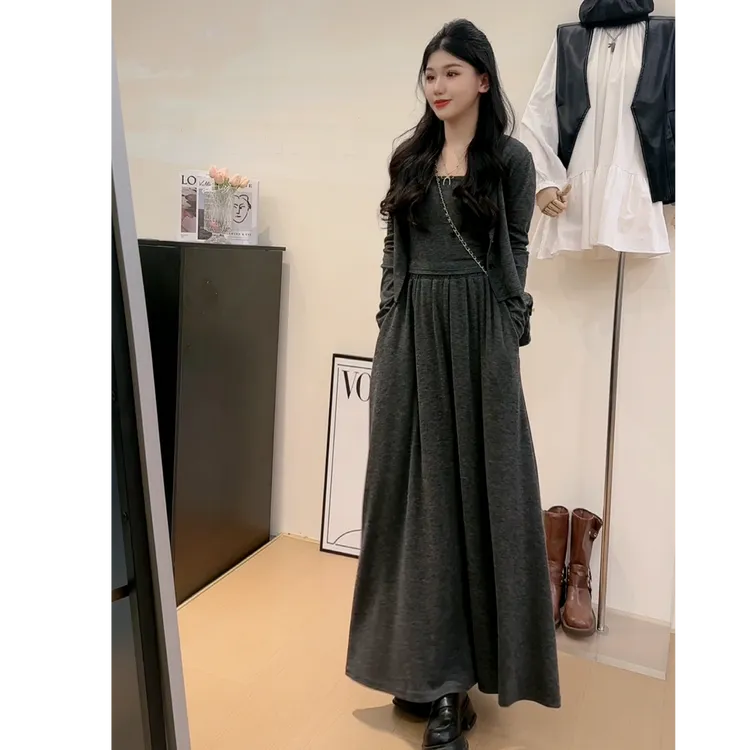 三件套-大码套装长袖2024慵懒新款流行高腰显瘦T恤吊带半身裙子女