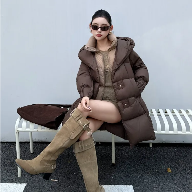 【原创鹅绒】2025新款高定中长款加厚连帽假两件保暖时尚鹅绒服外套