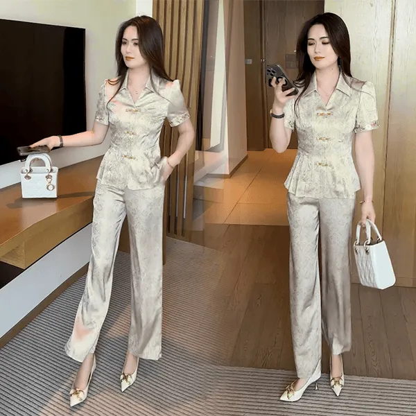 新中式国风时尚套装女2025夏季新款盘扣短袖衬衫阔腿裤长裤两件套