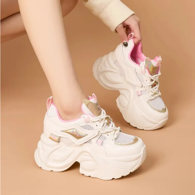 纪诗哲女鞋轻便厚底网面老爹鞋女小个子内增高透气时尚休闲运动鞋