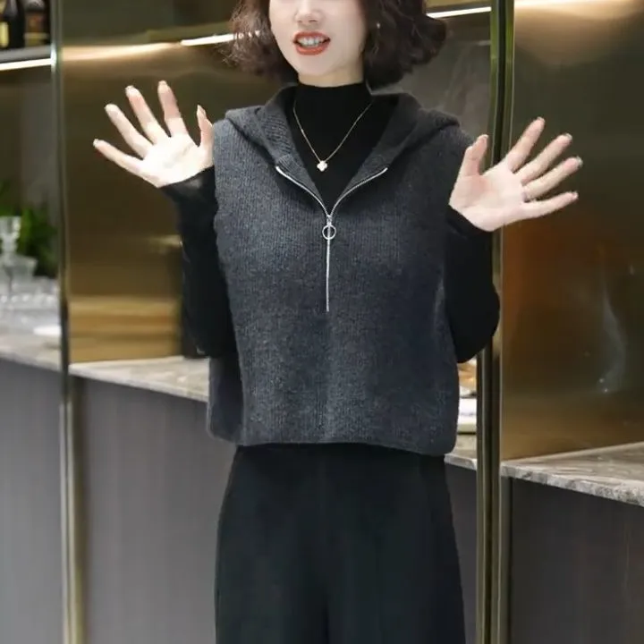 【两件套】秋冬新款韩版半高领打底衫ins高级灰连帽叠穿马甲女H026