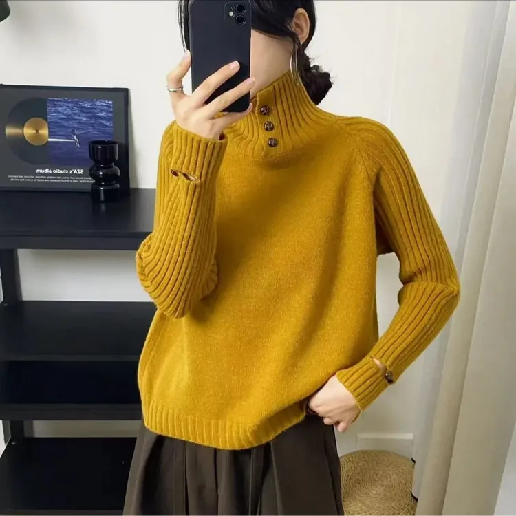 3441【540g正版加厚三粒扣】秋冬新款宽松高领长袖针织衫女毛衣