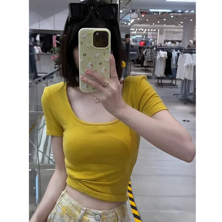 Notdefined辣妹纯色方领正肩短袖t恤女夏季纯欲修身显瘦短款上衣