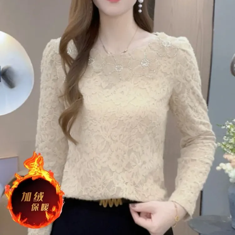 秋冬加绒保暖磨毛蕾丝打底衫圆领气质百搭洋气女内搭高档小衫