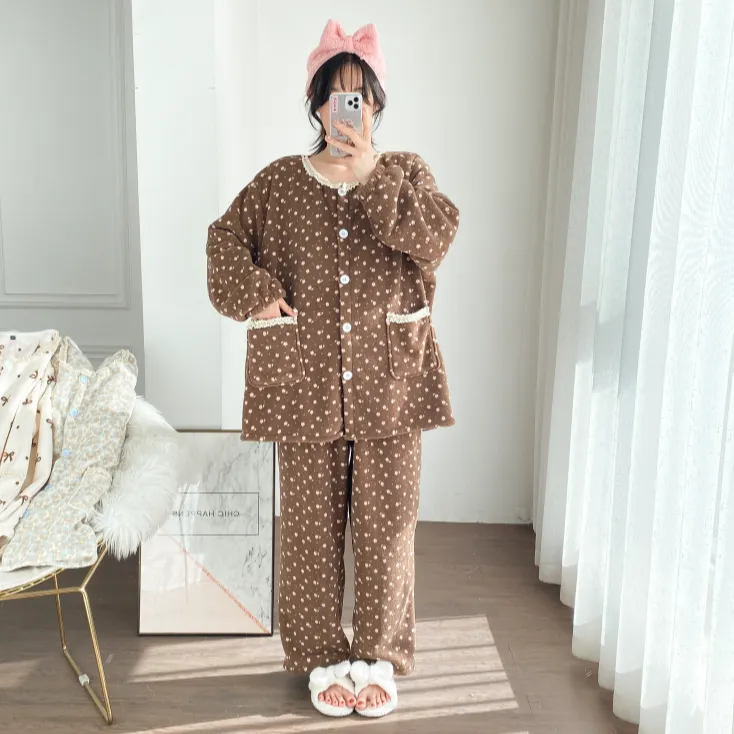 加大码开衫小碎花糯米绒睡衣宽松套装冬加厚保暖胖MM200斤家居服