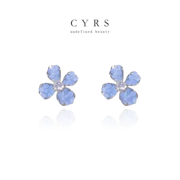 合金耳饰 克芮司Cyrs |【晶花】蓝色森系夏季度假水晶花朵银针耳钉