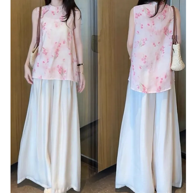 新中式时尚套装女夏季新款洋气显瘦国风印花无袖上衣阔腿裤两件套