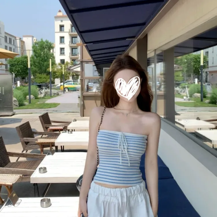 纯欲风辣妹撞色针织条纹系带抹胸背心夏季新款设计感显瘦短款0593