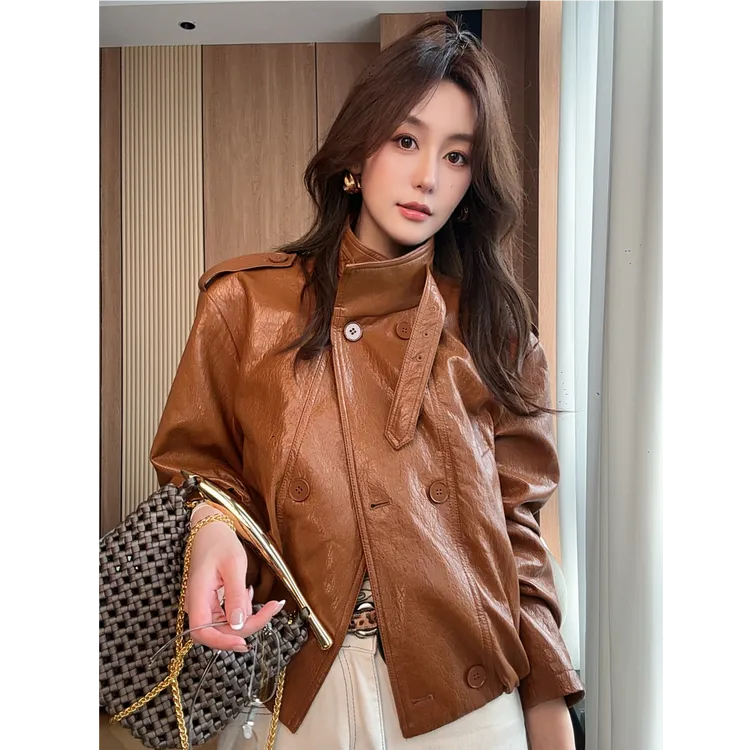 2025秋装新款美式复古高级立领双排扣油蜡皮衣短款外套潮女