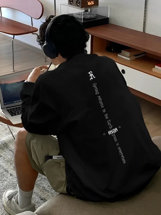 【重磅纯棉】cleanfit美式简约长袖T恤秋季休闲百搭潮流印花宽松ins