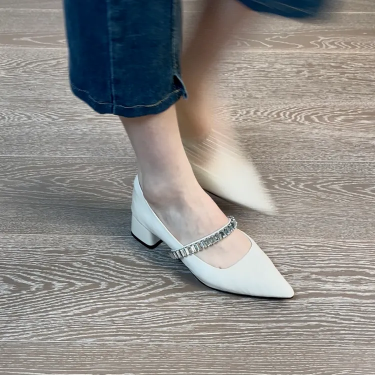 4CM头层羊皮透气跟鞋一脚蹬夏季尖头中跟单鞋气质百搭女鞋浅口