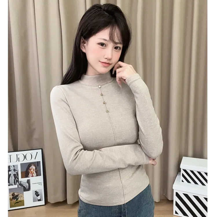 【保暖桑蚕丝棉羊毛】设计钉珠秋冬新款半高领内搭纯色修身百搭上衣