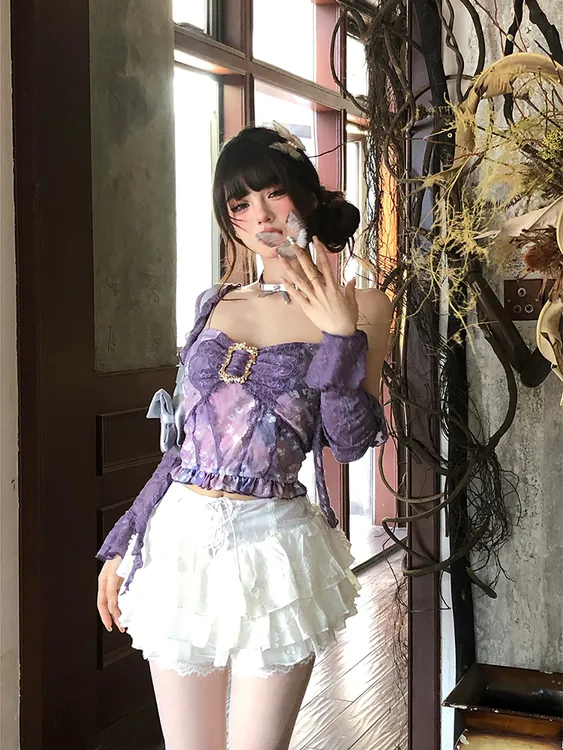 油画秘境 纯欲风辣妹性感紫色蕾丝吊带背心上衣女针织开衫半身裙