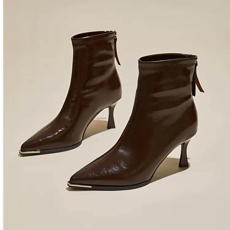 【5厘米】尖头高跟短靴女2025年冬季新款法式黑色裸靴弹力瘦瘦靴