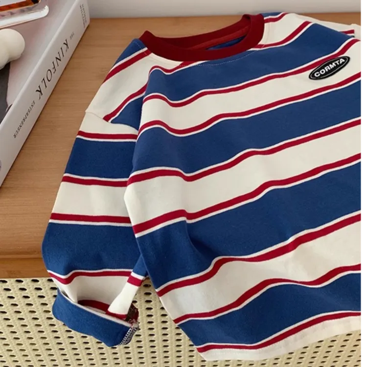 儿童条纹长袖T恤春秋款男女童百搭洋气打底衫中小童圆领t恤上衣tw