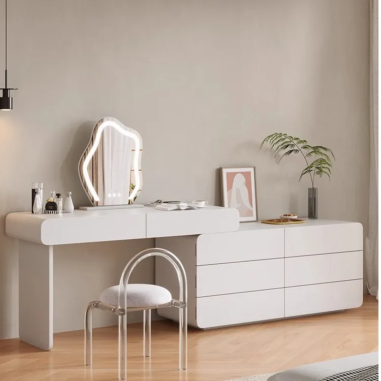 【清仓】轻奢奶油风实木梳妆台斗柜一体收纳柜书桌简约可伸缩化妆桌