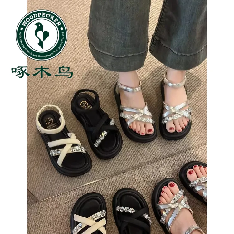 啄木鸟水钻厚底罗马凉鞋女2025夏季新款外穿仙女风休闲运动沙滩鞋