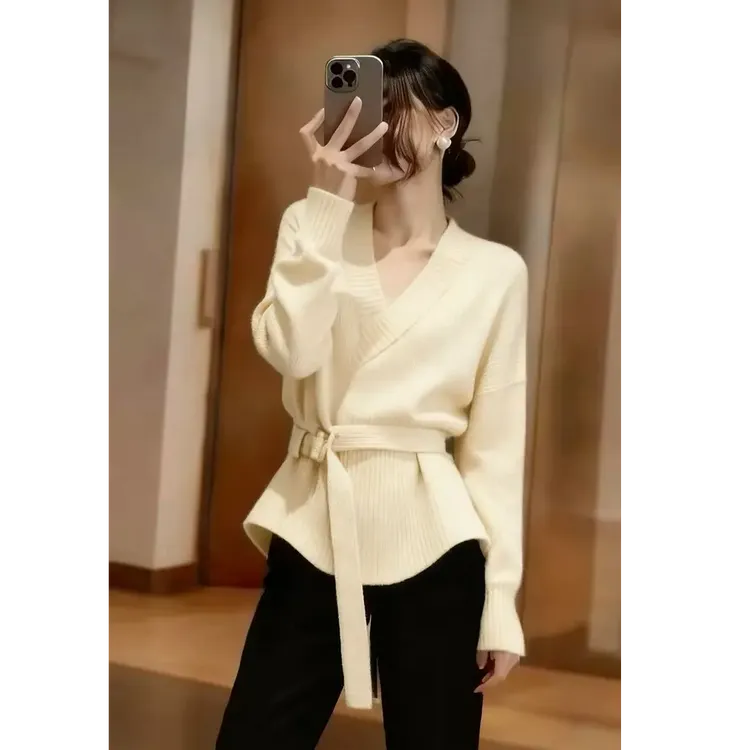 优雅风V领收腰显瘦毛衣秋冬女款秋高端小资气质名媛针织上衣_
