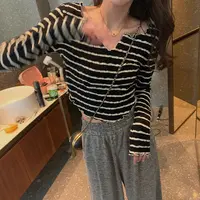 张贝贝设计感V领木耳边长袖T恤女夏条纹长袖上衣