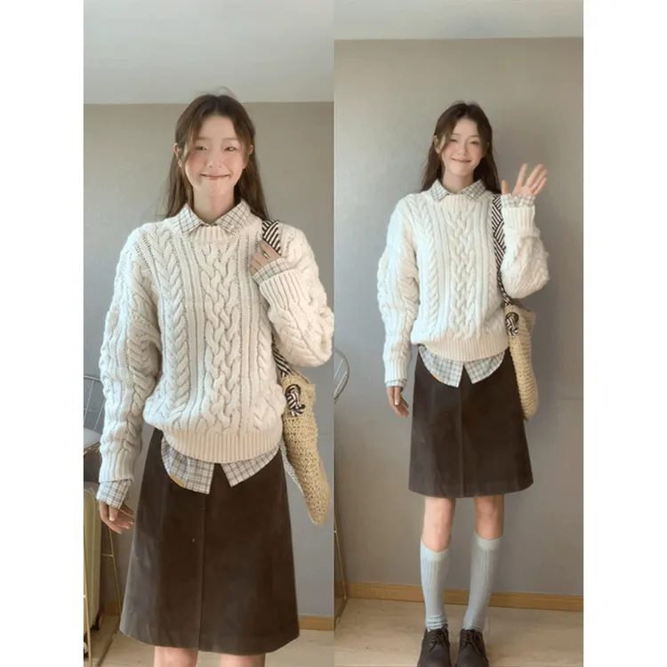 日系高级感毛衣女秋季慵懒风白色针织衫内搭衬衫宽松高腰半身裙女