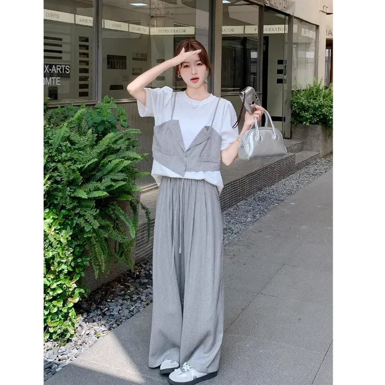 灰色设计感休闲洋气套装女士2025夏季新款假两件短袖阔腿裤两件套