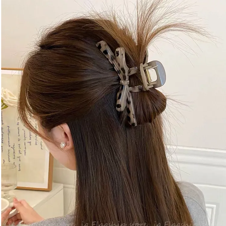 韩系豹纹蝴蝶结抓夹女高级感半扎发鲨鱼夹超大号发夹气质头饰发卡